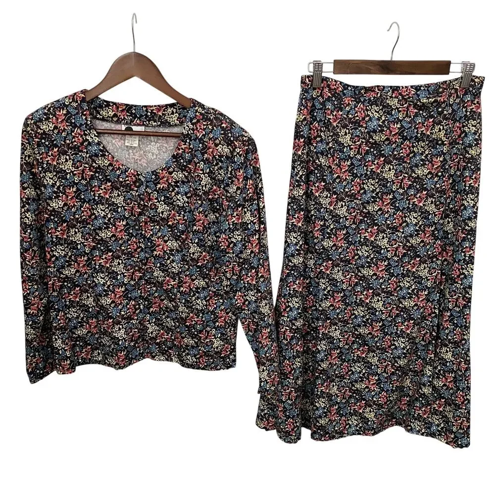 Vintage 80s 90s Floral 2pc Set Button Top & Midi Skirt Side Buttons - Picture 9 of 15